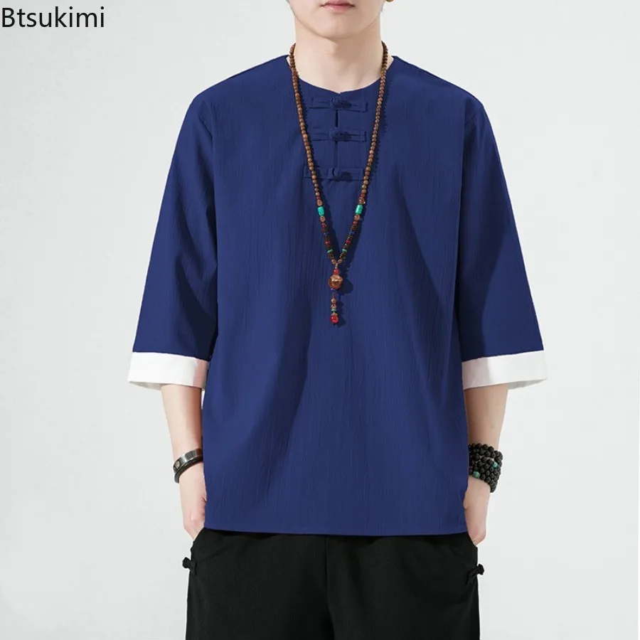 New2025 Men's Solid Vintage Cotton Linen Shirts Summer O-neck 3/4 Sleeve Casual Tops Chinese Style Men Clothing Hanfu Tang Dress