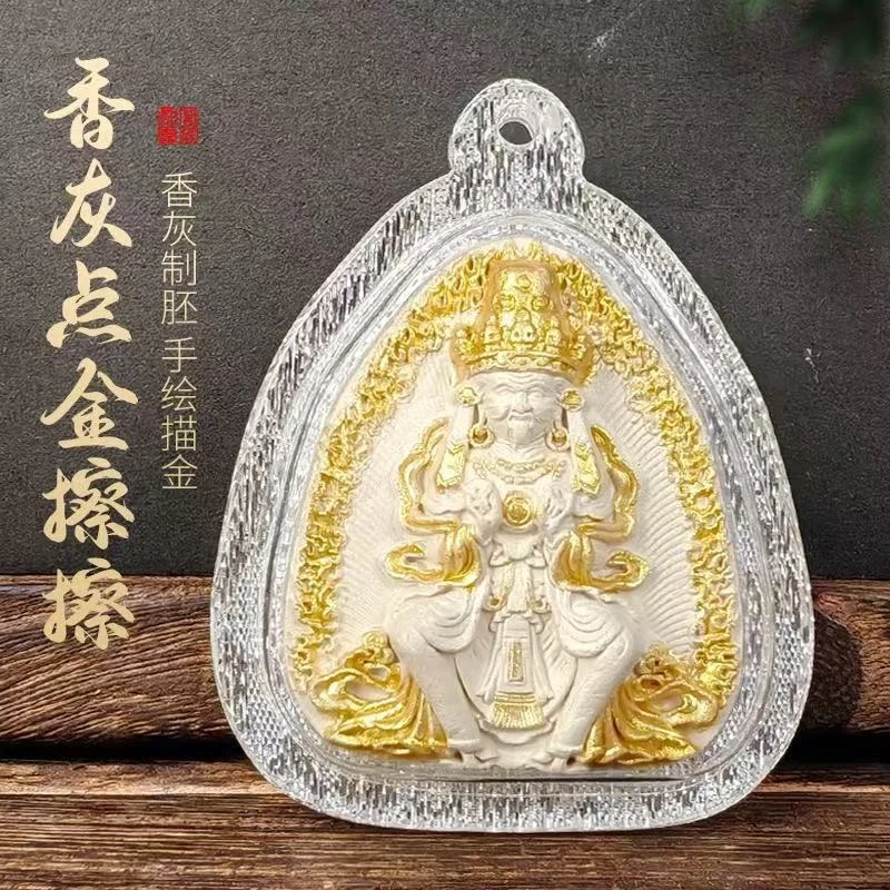 

Gold-embellished incense ash with 3D hand-painted gold detailing, Thangka Gahu box, handmade acrylic necklace pendant accessory