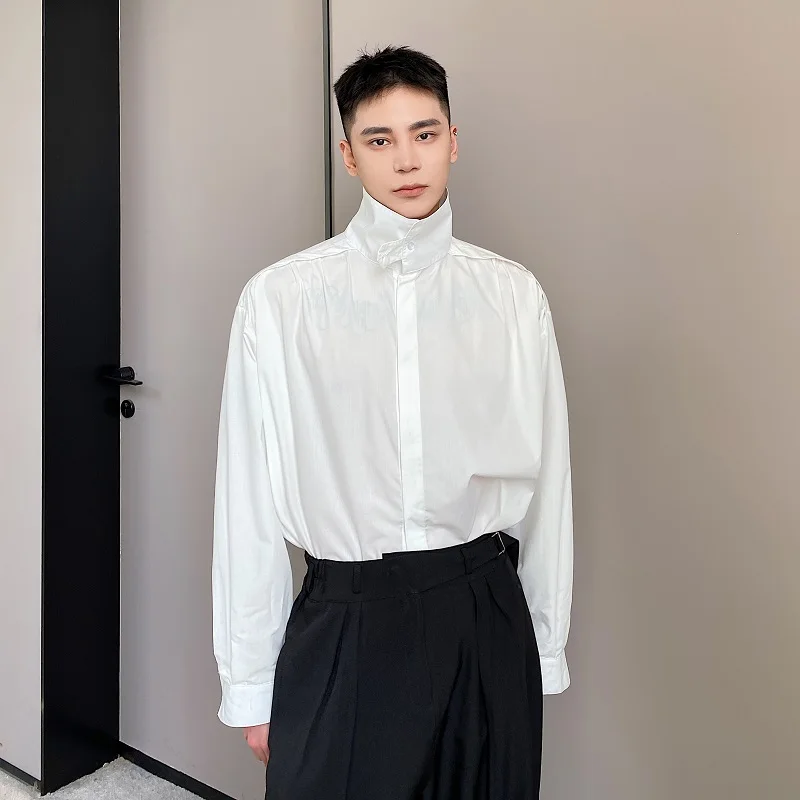 

Korean mat Long Sve Stand Collar Men's irt Loose Draped Simple Sle Outerwear Casual Busin Polyester Fiber