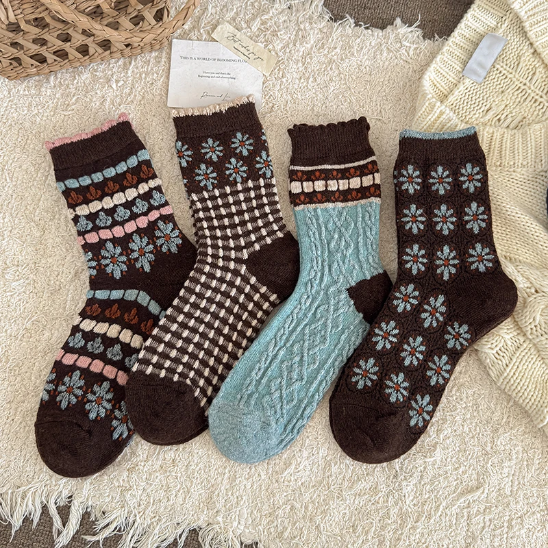 الجوارب الرجعية للنساء جديد الخريف الشتاء الكورية نمط الأزهار الجوارب تنفس عادية طويلة الدافئة الجوارب السميكة مضحك جودة عالية #1