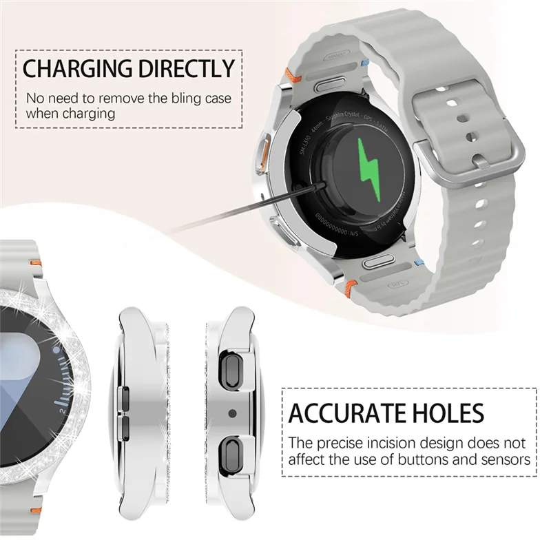 สําหรับ Samsung Galaxy Watch 7 กรณีไฟฟ้าเดี่ยวและคู่แถวเจาะ Hard 44 มม.เปลือกป้องกัน Silver