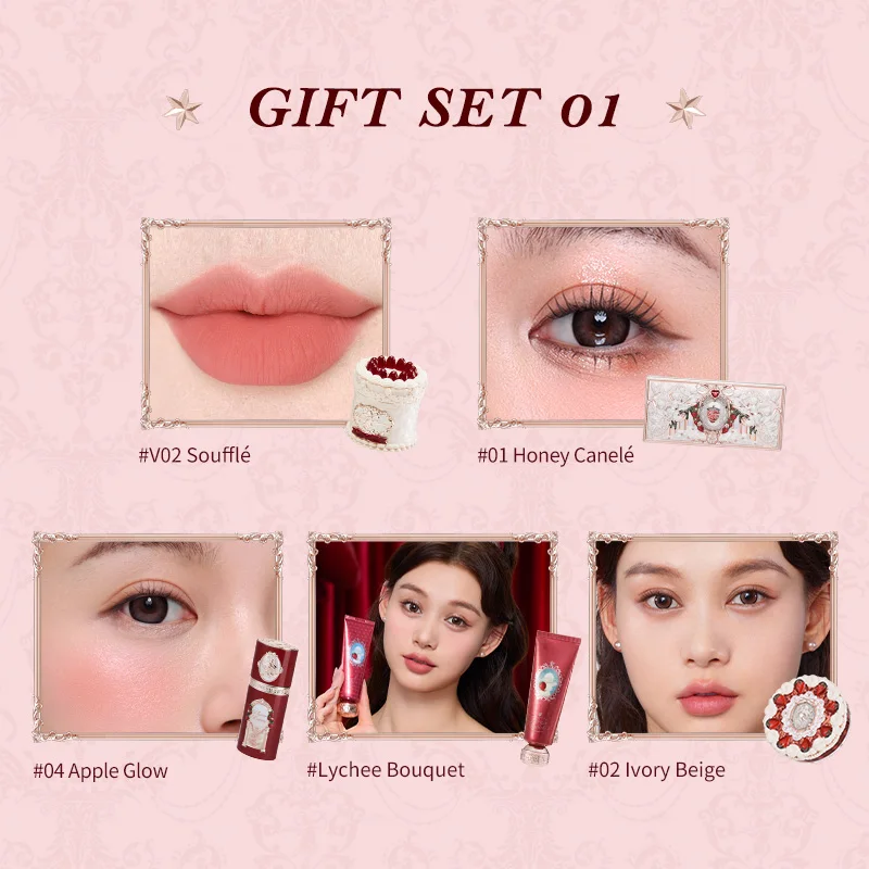 Flower Knows Strawberry Cupid Collection Makeup Gift Set Includes Cake Lip Cream+Liquid Blush+Make-up Palette+Scented Hand Cream