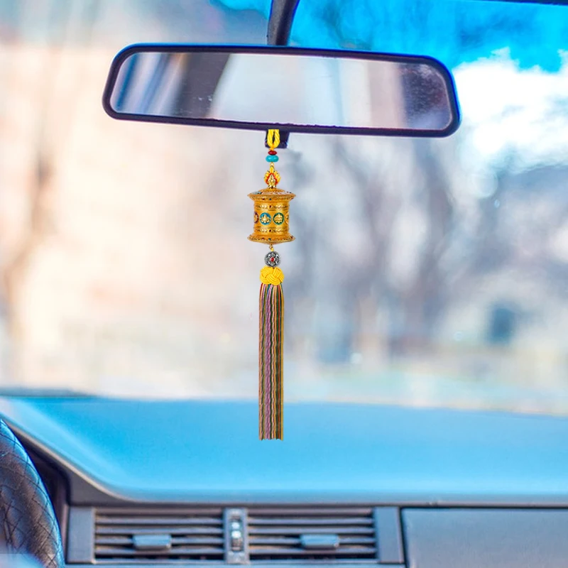 Tibetan Style Auspicious Car Pendant Alloy Prayer Wheel Colored Tassel Car Rearview Mirror Pendant Auto Interior Accessories