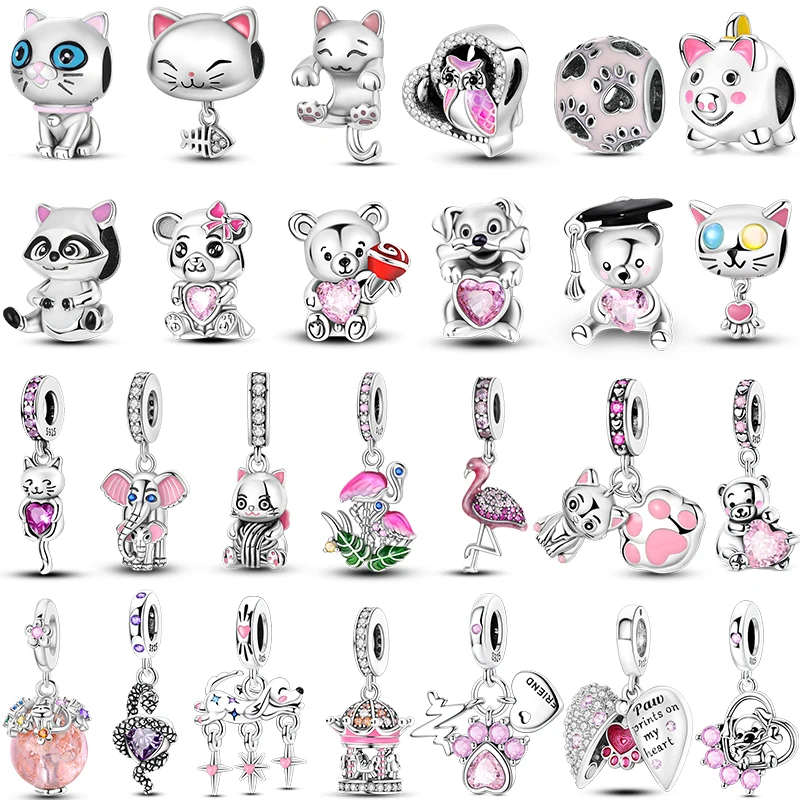 

2026 925 Sterling Silver Charms Dog Bear Cat Pink Girl Heart Shape Cat Paw Bow Pendant Fit Bracelet DIY Jewelry Original Women
