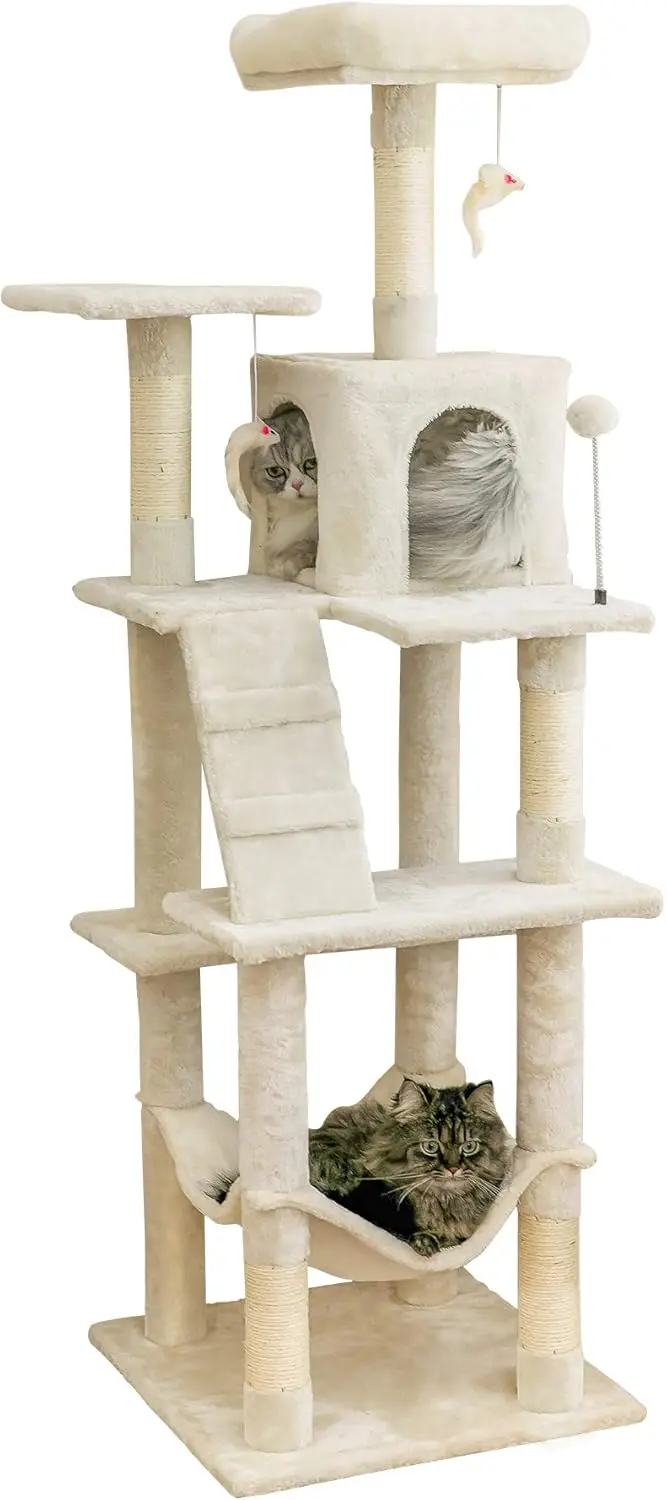

63.8-Inch Multi-Level Cat Tree for Large Cats with Scratching Posts, Platform, Hammock, and Condo - Beige