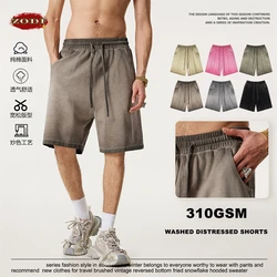 ZODF 2025 Spring Summer Men Washed 310gsm Cotton Shorts Unisex Retro Vintage Distressed Drawstring Knee Length Shorts HY0982