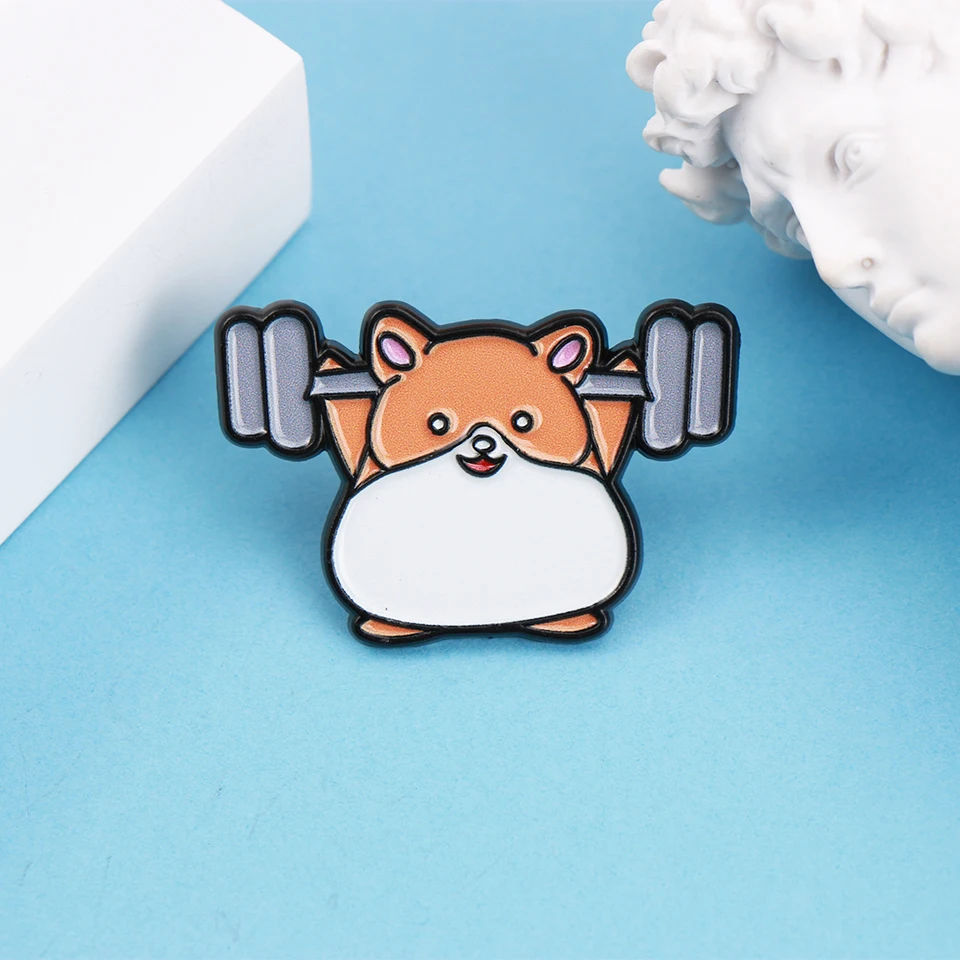 Cartoon Hamster Lifting A Barbell Enamel Metal Funny Lapel Pins Brooches Badges Wholesale Jewelry Gift for Sports Fan Lover