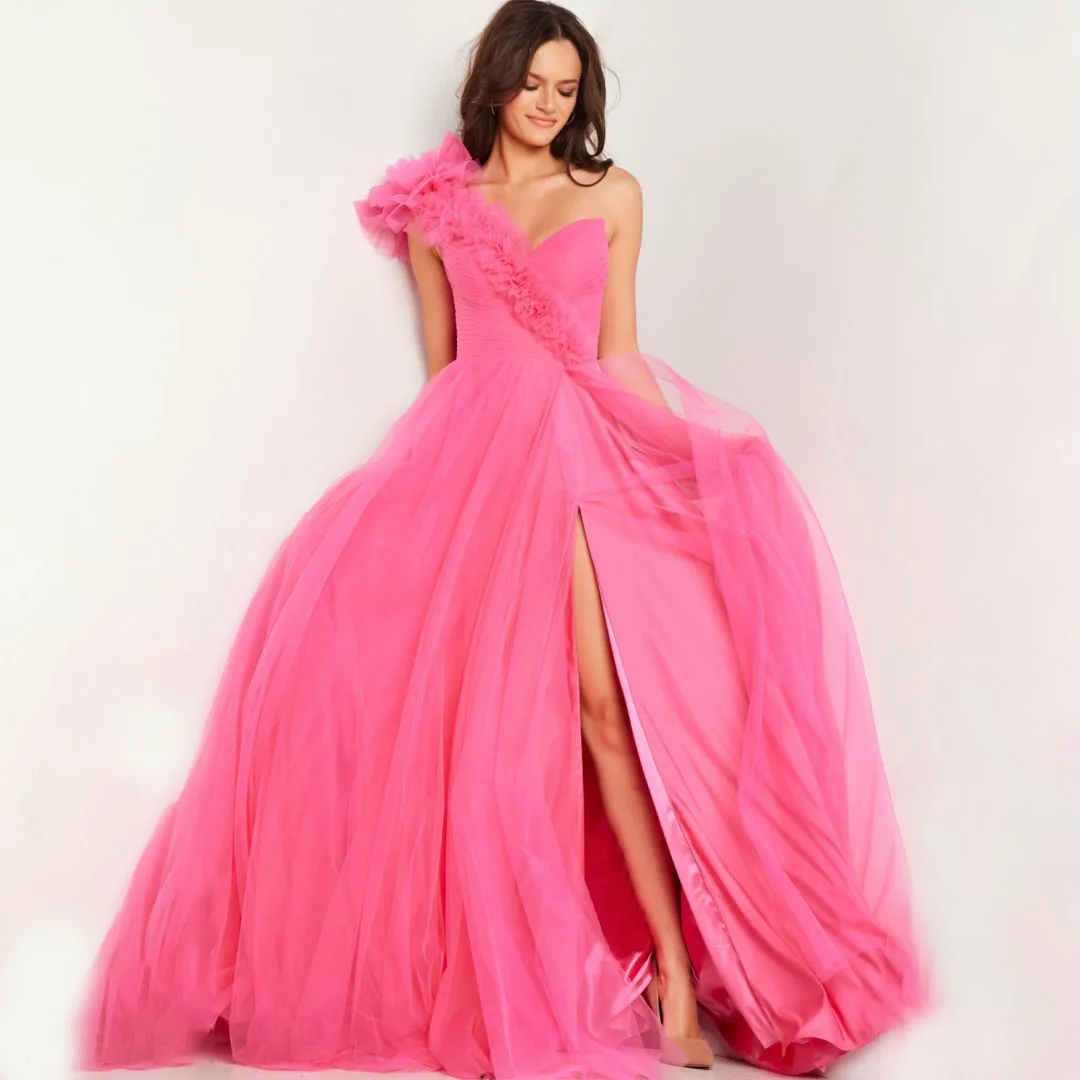 Pauwblauw Tule Een Schouder Galajurken Ruches Bloemen Chique Plooi Ruglooze Verjaardagsjurk Hoge Split Formele Avondjurk