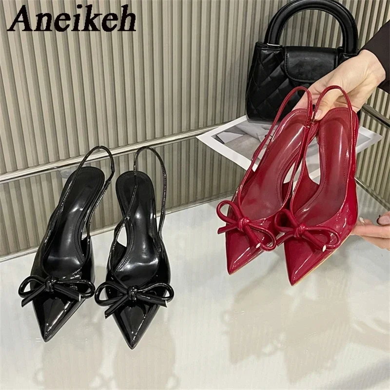 Aneikeh Street Style Sexy Red Pointed Toe High Heels Women Bow Shallow Fashion Slingbacks Shoe Sandals Pumps Dress Wedding Mules