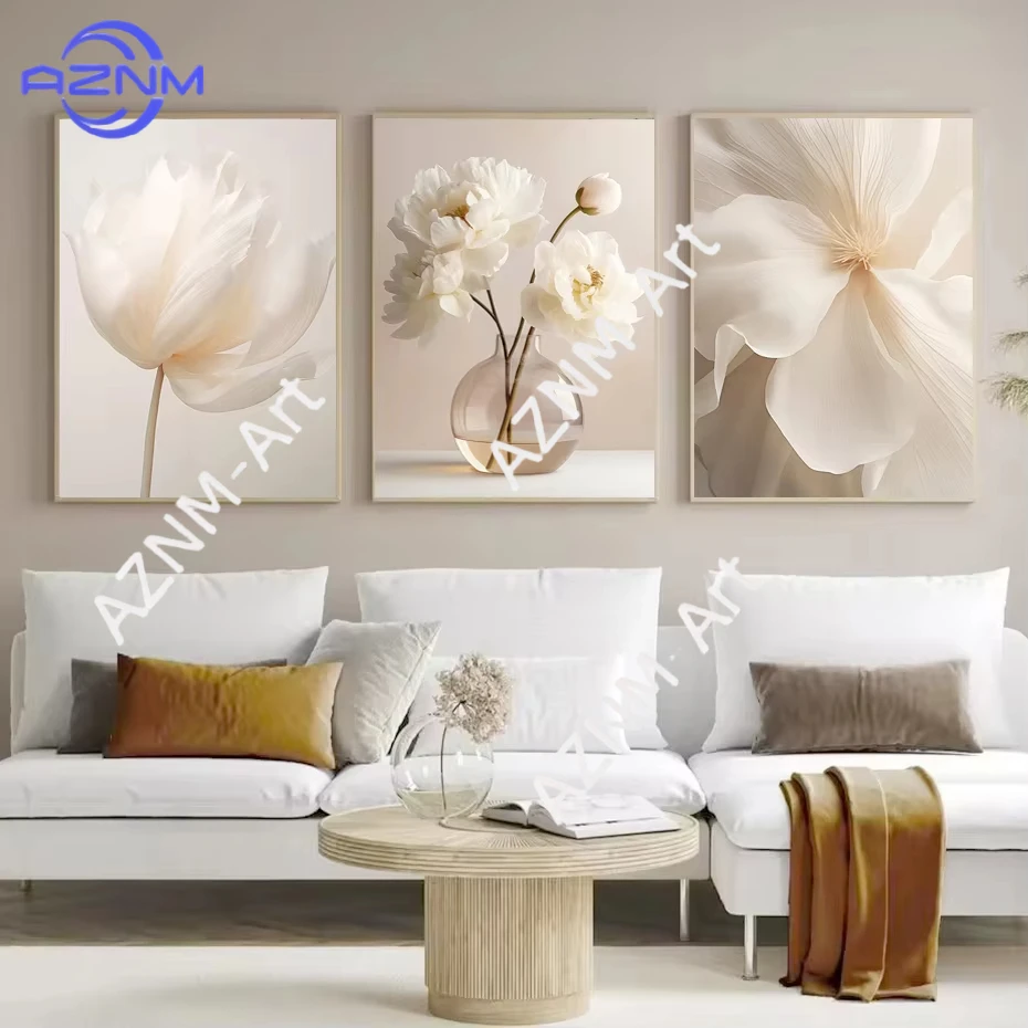 1 Stück, skandinavisches beige Pfingstrosen-Blumen-Kunstposter, moderne Blumen-Botanik-Wanddekoration, schöner Kunst-Leinwanddruck, Heim- und Schlafzimmerdekoration