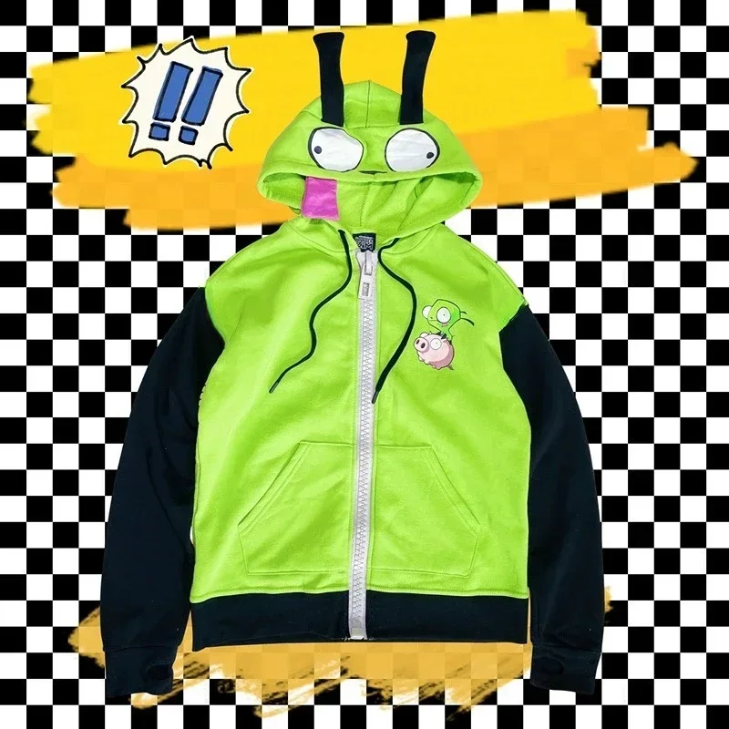 

Anime Invader Cosplay Costume Coat Alien Zim Hoodies Jacket Hooded Zip Up Pullovers Sweatshirts with Ears Halloween Adult Kid