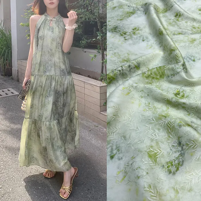 

Real Silk Fabric Smudged Elastic Double Georgette Dress Material Grass Color White