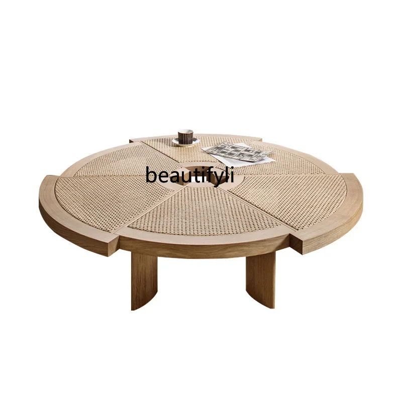 

Japanese retro creative polygonal cherry solid wood rattan coffee table round low table small apartment living room