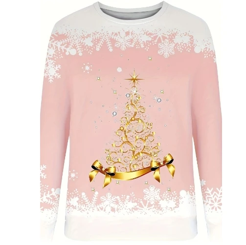 Women's Sweatershirt 2024 Autumn Winter Latest 3D Effect Christmas Tree Print Long Sleeves Top Round Neck Comfortable Pullover