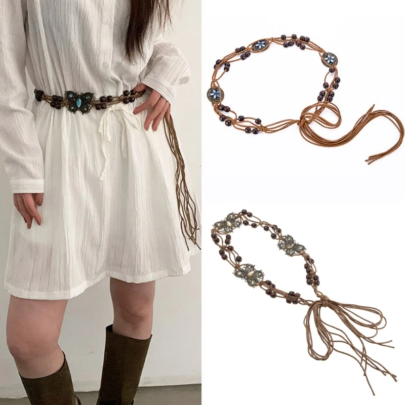 

Bohemian Style Braided Waist Belt Cotton Rope All-Matched Waist Chain with Beads Butterflies for Casual Dress Dance Show