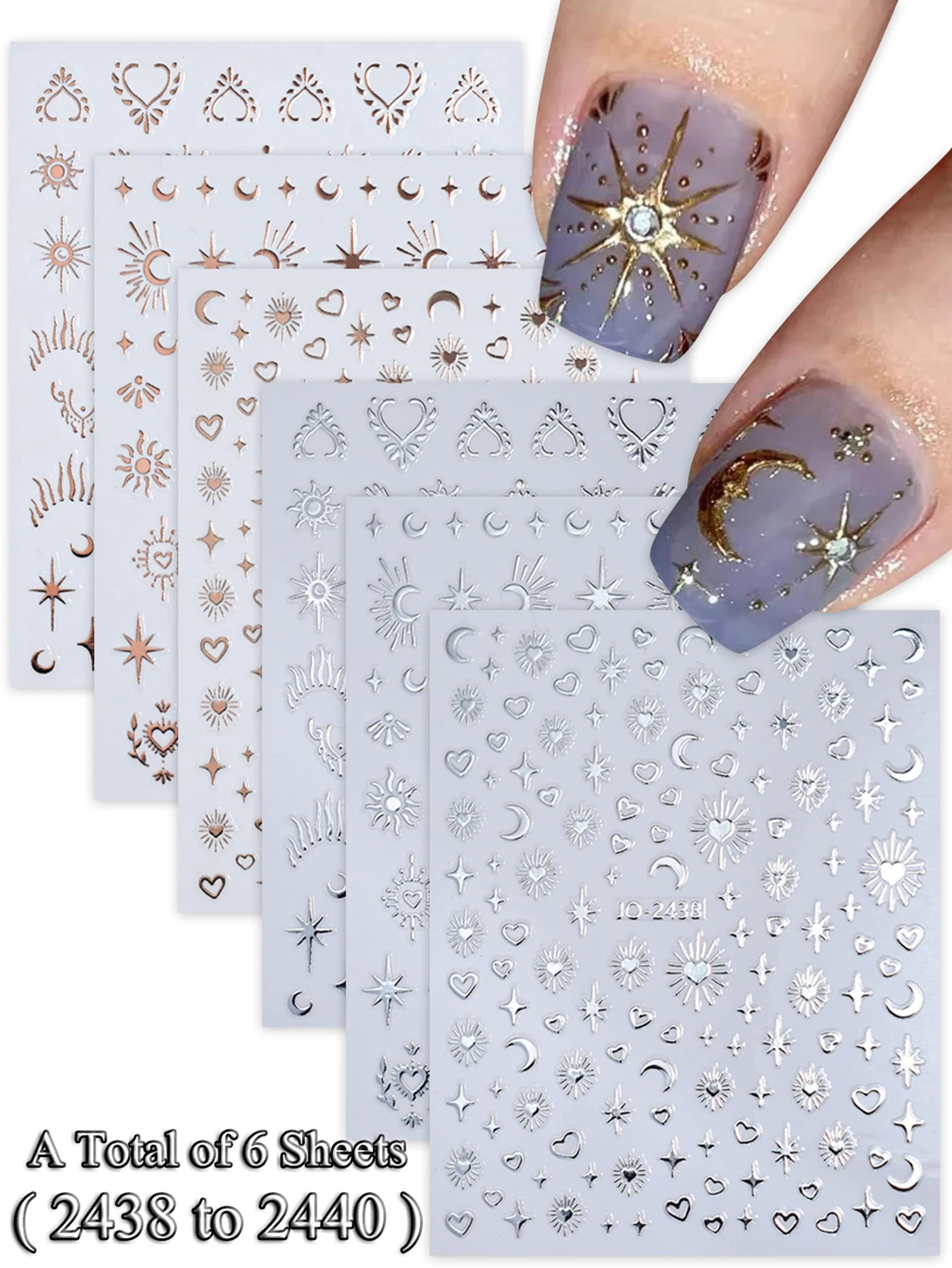 6/12/24 Vellen Gouden & Zilveren Ster, Maan & Hart Nagelstickers, Zelfklevende 3D Nageldecoratie Stickers voor DIY Manicure Decoratie