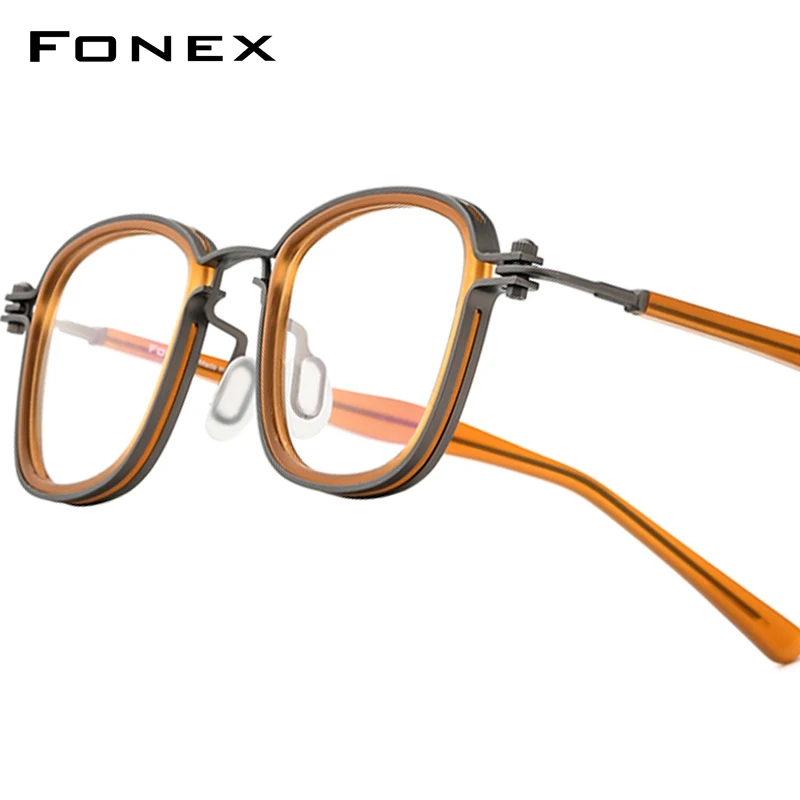 FONEX Acetate Alloy Glasses Frame Men Brand Design Retro Vintage Square Eyeglasses Women Korean Screwless Japanese Eyewear 1026