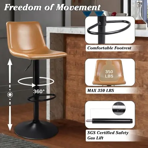 Adjustable Crazy Horse PU Leather Swivel Bar Stools Set of 4 | Modern 350LBS Counter Height Barstools with Ergonomic view 6
