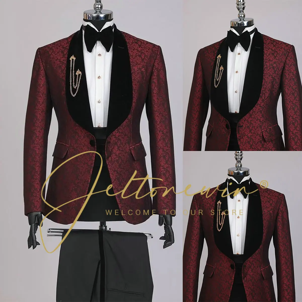 

Burgundy Floral Suit For Men Groom Wedding Tuxedo Formal Suit Fashion Jacket Pant Sets Male Party Dress Custom Suit