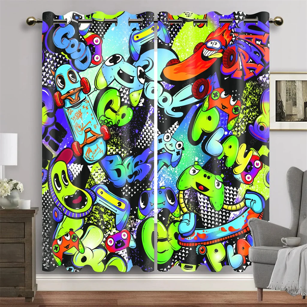 Cartoon Gamepad Switch Curtains for Boys Bedroom Graffiti Words Video Games Window Drapes Game Players Living Room Decoration