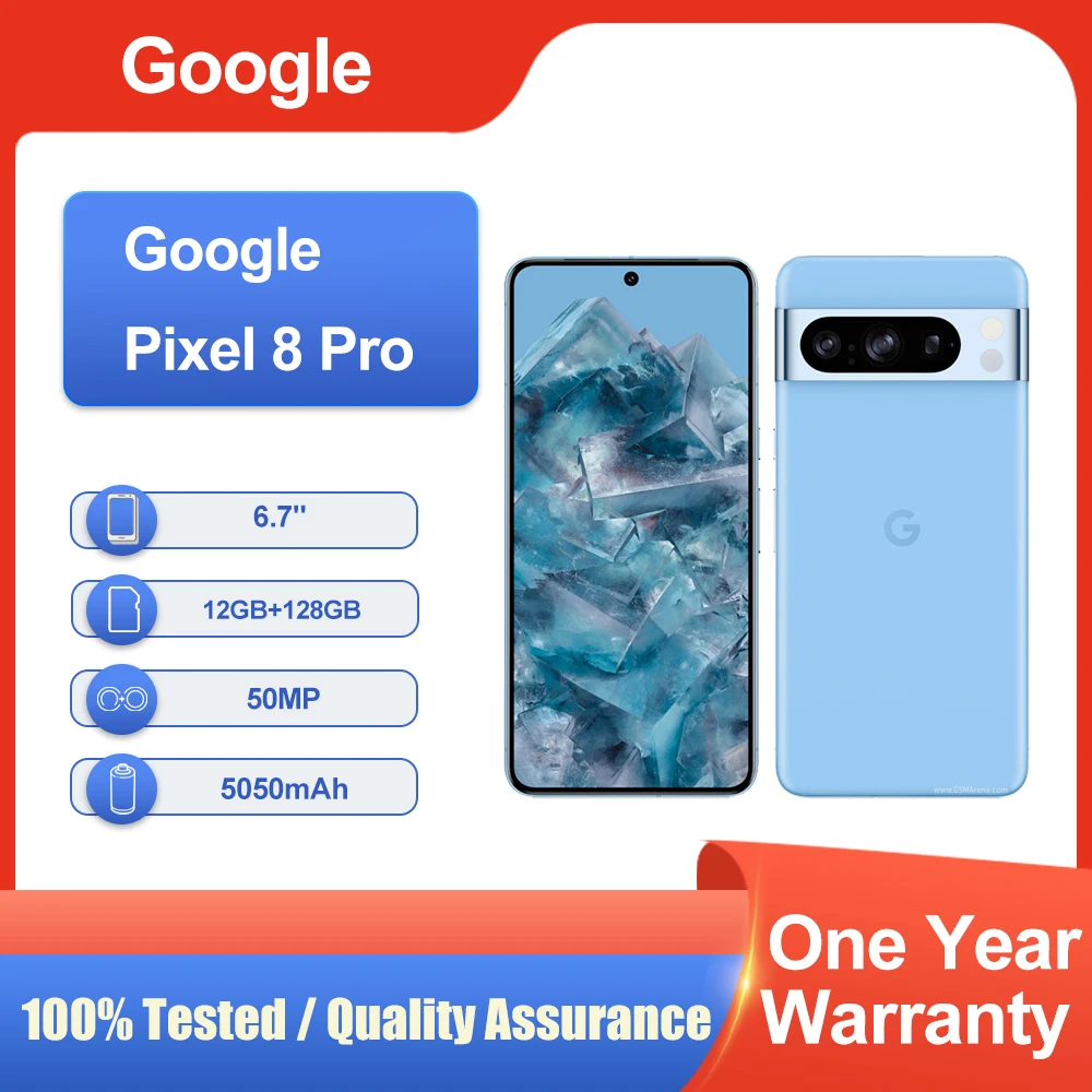 مكبر صوت أصلي غير مقفول لهاتف Google Pixel 8 Pro مقاس 6.7 بوصة 5050 مللي أمبير في الساعة وذاكرة وصول عشوائي 12 جيجابايت شحن سريع للهاتف المحمول بحالة جيدة