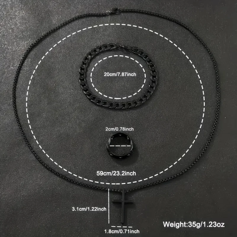 검은색 원형 다이얼, 팔찌, 목걸이, 반지가 포함된 8피스 남성용 쿼츠 시계 세트