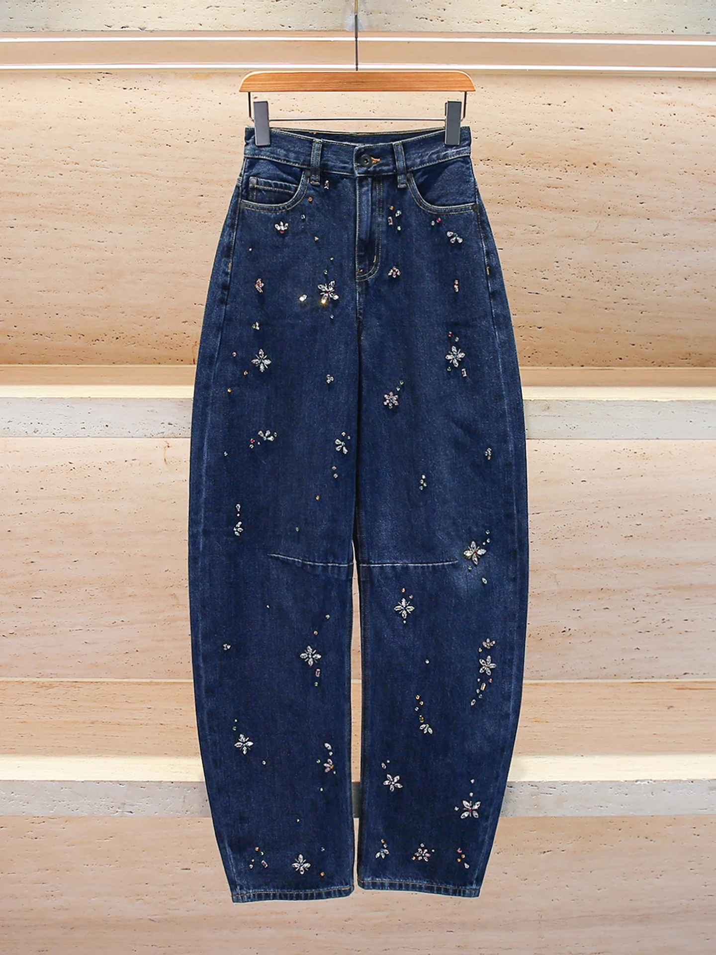 

High Waist Wide Leg Jeans Women's Autumn Winter New Design Diamond Studded Casual Comfortable Breathable Blue Denim Pants