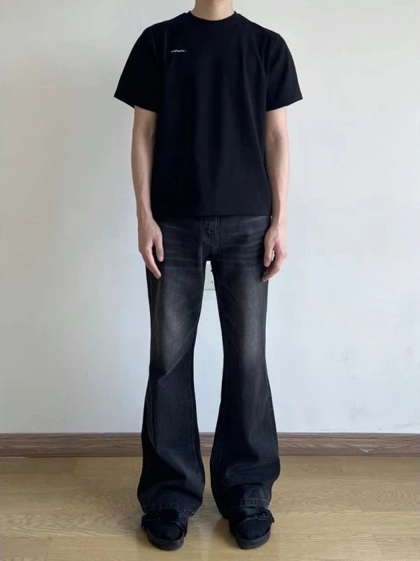 Calças Jeans Flare Vintage das em Preto e Cinza para Homens e Mulheres, Casual, Ajustadas, de Cintura Média, Pernas Retas...