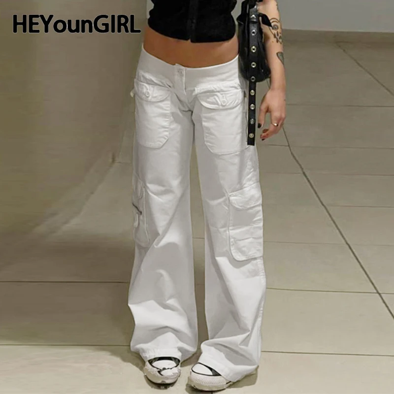 

HEYounGIRL Y2K Women Pockets Cargo Pants Fashion Streetwear White Casual Straight Trousers Summer Ladies Basic Sweatpants Cute