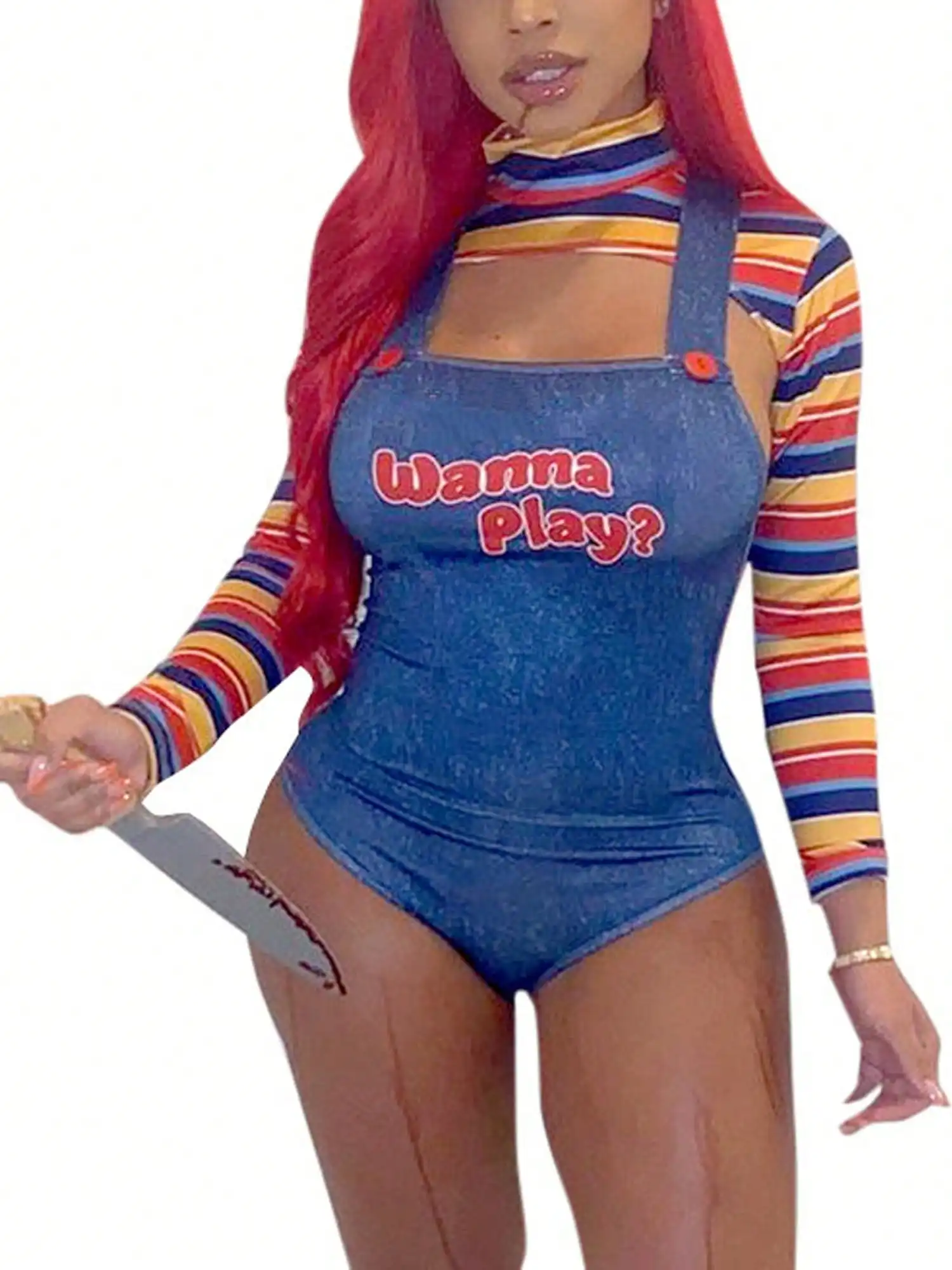 Conjunto de disfraz de Halloween de 2 piezas para mujer, con diseño de muñeca asesina de pesadillas, top corto a rayas, mono azul y pantalones cortos, disfraz de Chuck Y.