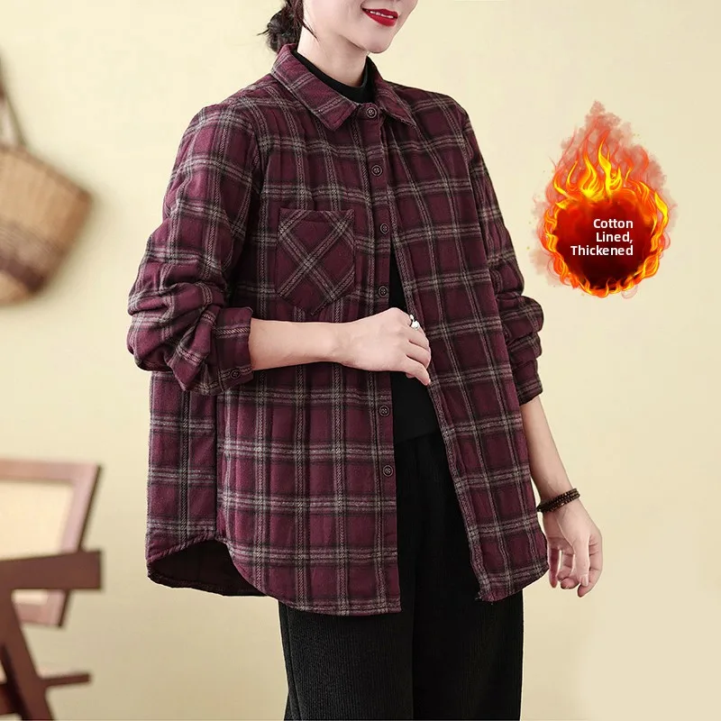 

Thiened Cotton irt Casual Collar Long Sve Plaid Women's Winter Coat Retro Sle Printed Cotton Inner Sve