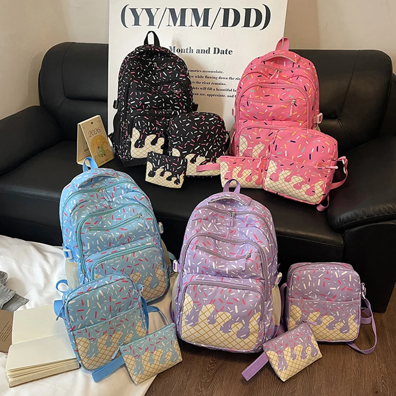 Korean Cute Backpack Student School Bag Cartoon Ice Cream Print Preppy Style Vintage Laptop Travel Rucksack Large Capacity