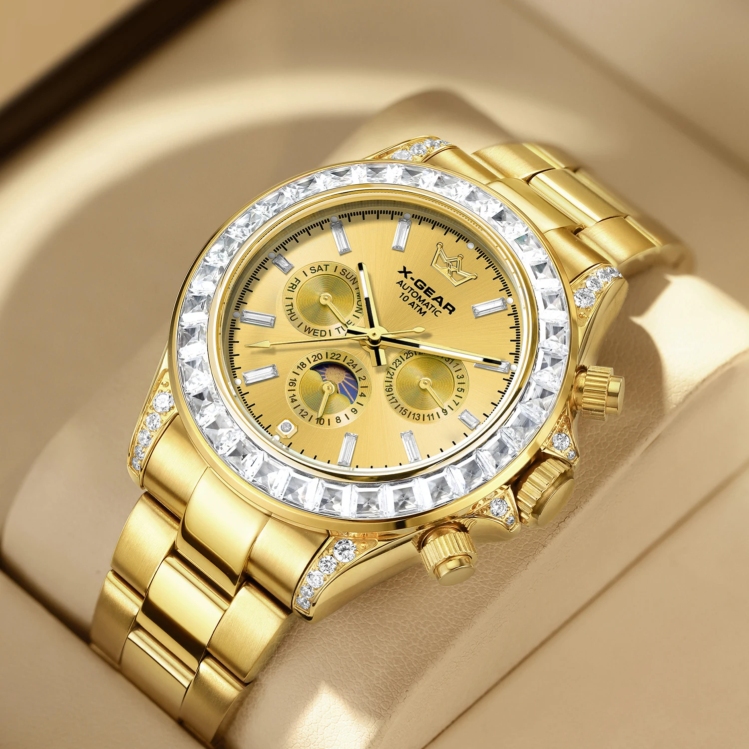 Reloj mecánico completamente automático con correa de acero inoxidable resistente al agua para hombre, reloj deportivo multifunción de tres ojos y seis manecillas