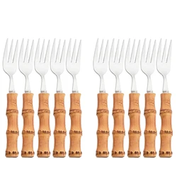 304 Stainless Steel Dinnerware Bamboo Silver 4/6/10Pcs Tea Fork Cutlery Set Western Fruit Cake Fork Tableware Home Flatware Set
