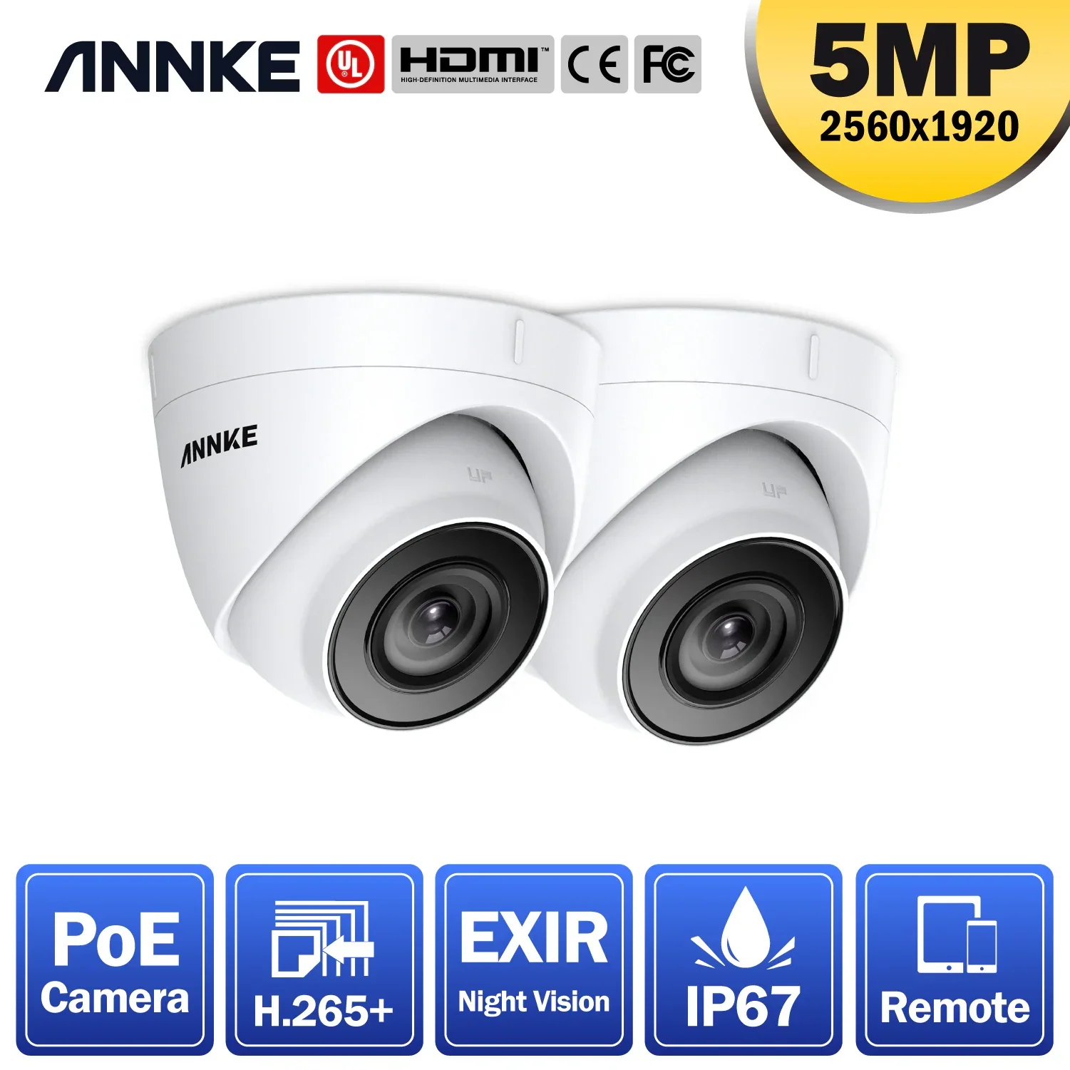 ANNKE Ultra HD 5MP POE Camera IP67 Weatherproof Security Network White Dome 2.8mm EXIR Night Vision Email Alert PoE Camera