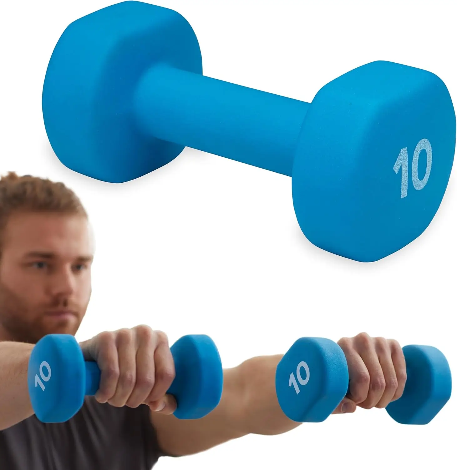 

Гантель с неопреновым покрытием для домашних тренировок - нескользящая рукоятка, шестигранная форма (10 фунтов, синий)
