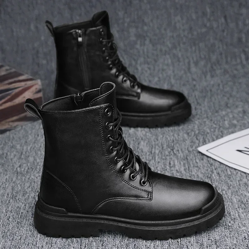 Men Black Leather Boots New British Style High Top Fashion Work Boots Outdoor Street Fashion Chelsea Men Shoes Comfortable Short