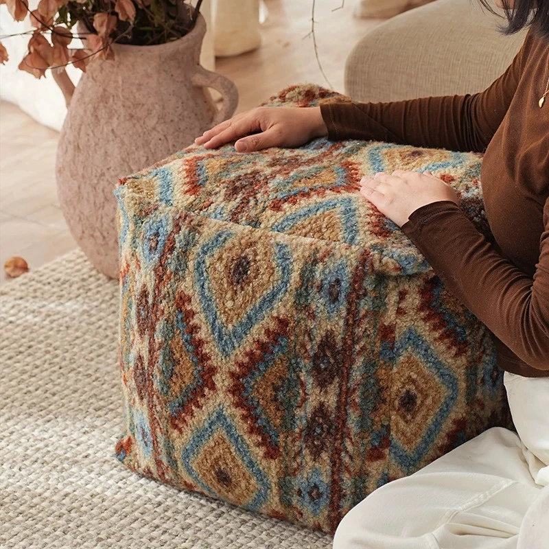 Wabi-Sabi Mid-Century Floor Cushion, Textured Velvet Pouf for Entryway, Shoe Changing Stool for Home, Aesthetic Tatami Seating