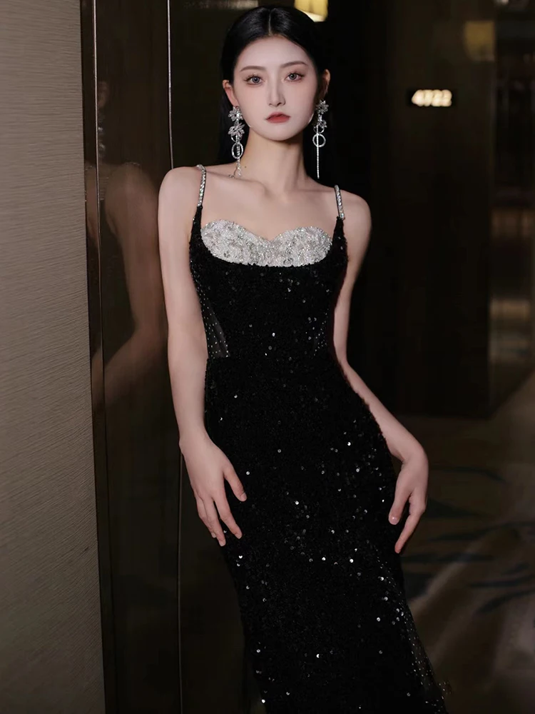 Ele Bla Träger-Fi-Schwanzkleid für Toasts und Jahresendpartys, koreanisches langes Abendkleid mit Perlen für Frauen