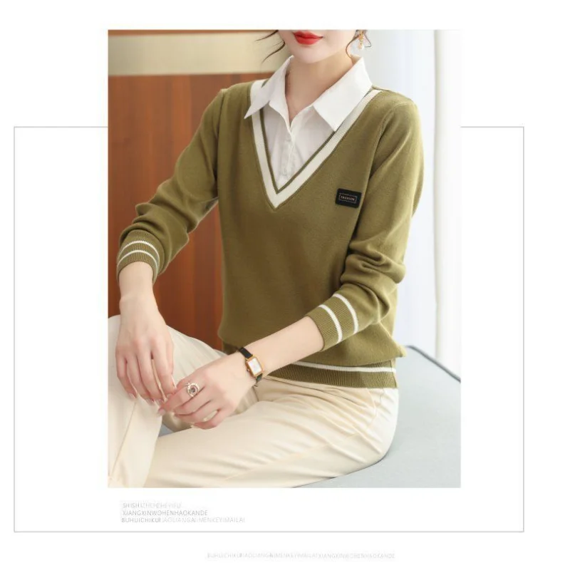 Maglione da donna con risvolto a maniche lunghe lavorato a maglia in due pezzi falso autunno nuovo stile camicia con colletto della camicia