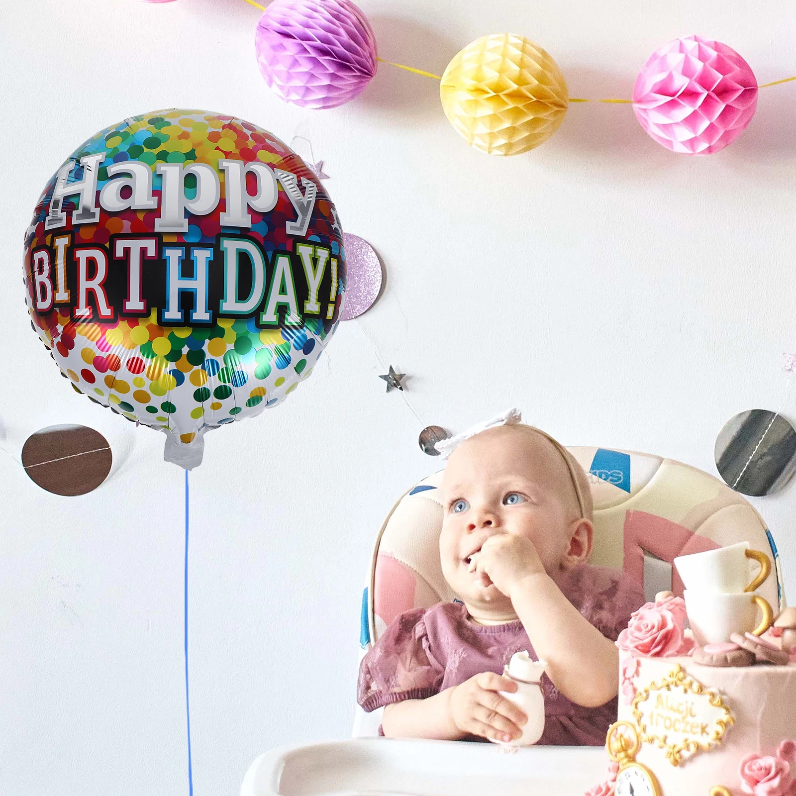 

6Pcs Happy Birthday Foil Balloons Round Helium Balloon Set for Party Background Photo Props Durable Polyester Film