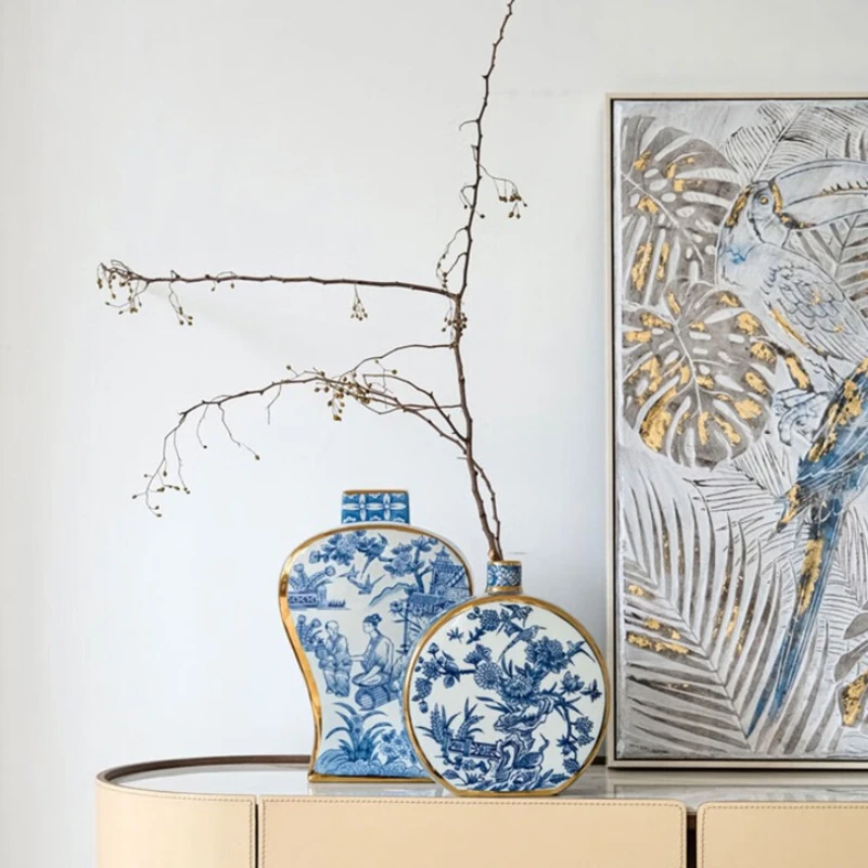 

Oriental blue and white porcelain New Chinese ink underglaze color gold-painted