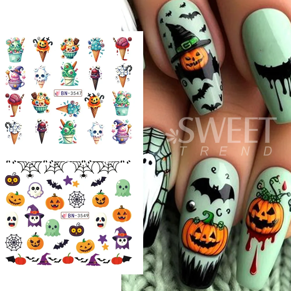 SWEET TREND-12 Design Halloween Water Transfer Nail Stickers Decals Ghost Pumpkin Skull Bat Nail Slider for Women Manicure Decor view 4