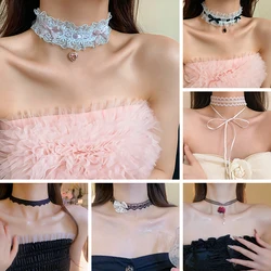Pink And Black Bowknot Lace Mesh Rhinestones Eternal Flower Imitation Pearl Chokers Necklaces Women New Collarbone Jewelry K-