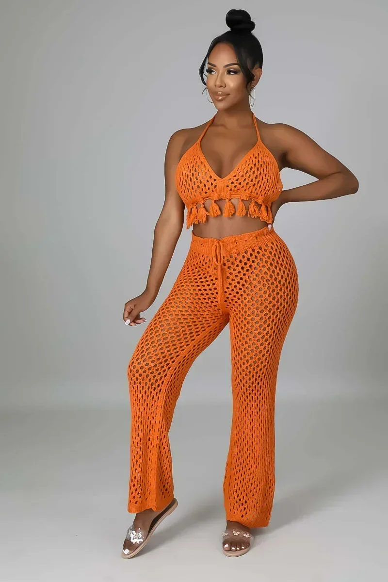 

GUWU Beach Ribbed Knit Women's Set Tassel Crop Top and Flare Pants 2024 Summer Fashion Two 2 Piece Set Outfit Tracksuit