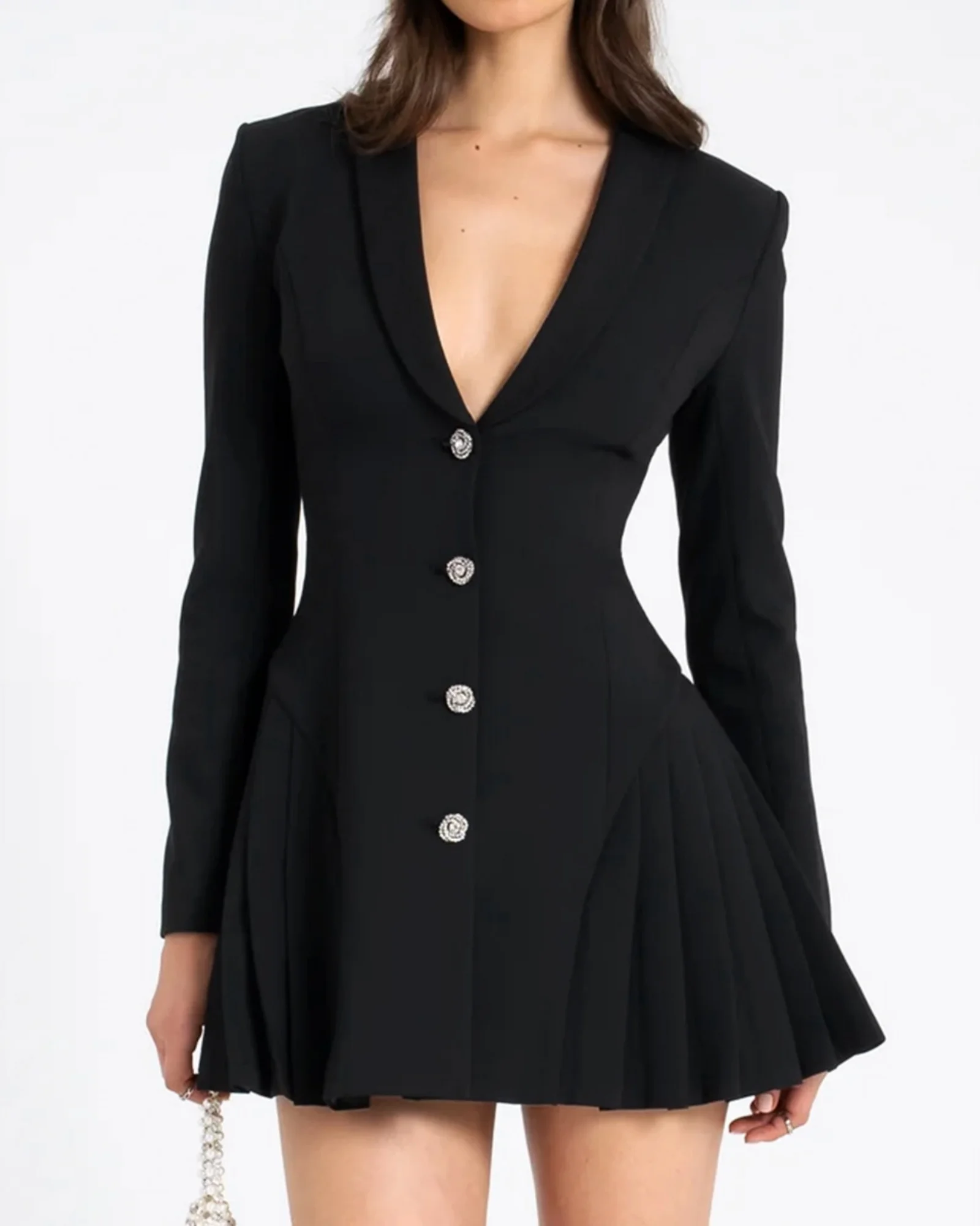 

LUCYSHIHATTU Fall Fashion V-Neck MINI Dress Women Elegant Temperament Office Lady Blazer Dress Sexy Slim Pleated Black Dresses