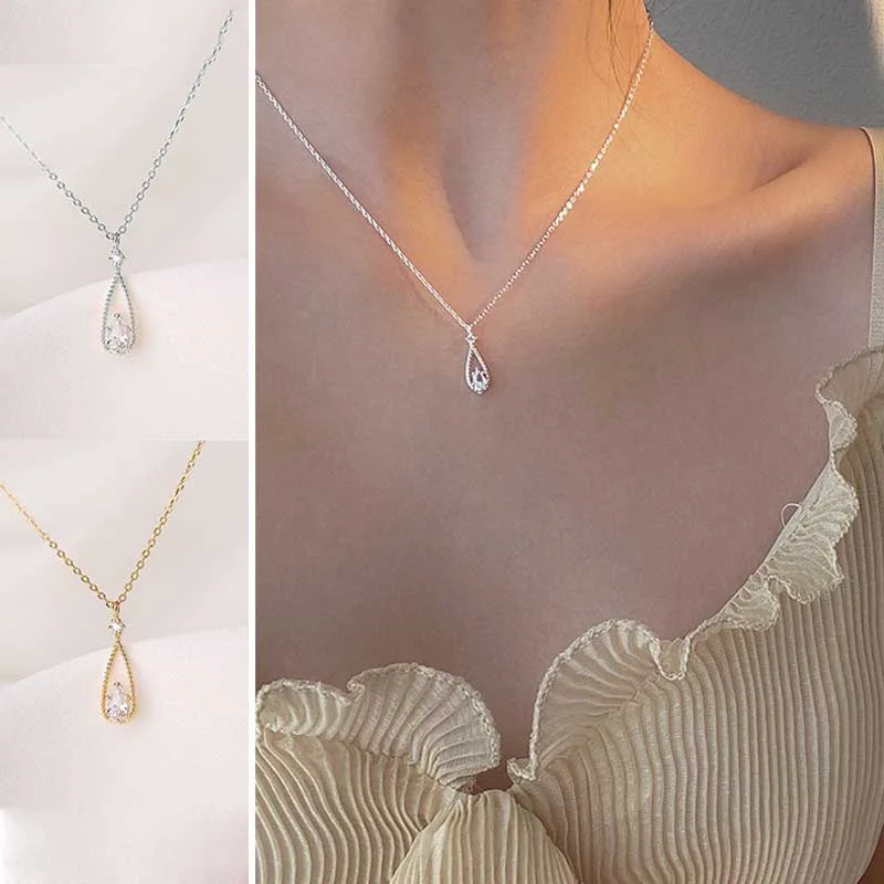 

Korean Fashion Zircon Water Drop Pendant Necklace For Women Vintage Elegant Temperament Clavicle Chain Necklace Wedding Jewelry