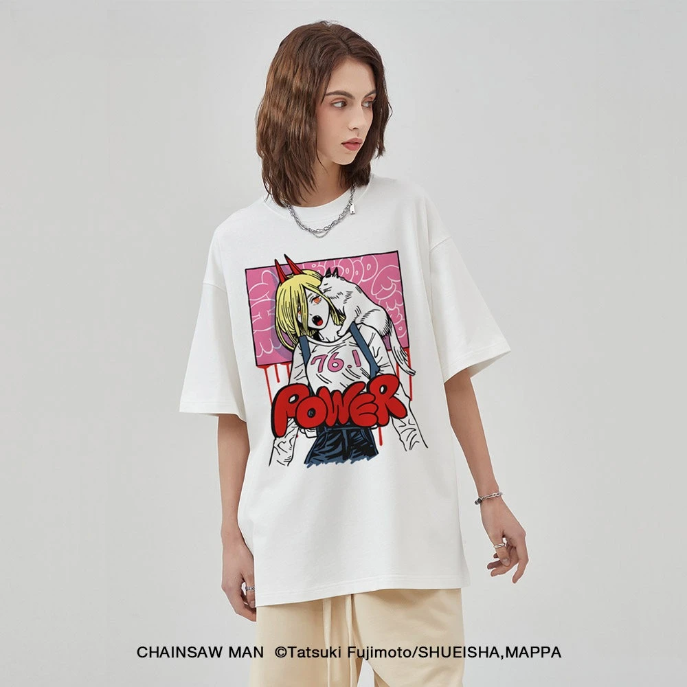 Chainsaw People POWER Pawa Joint Day Tide Around Direct Spray Macima Printed Cotton Men's and Women's Loose T-shirts