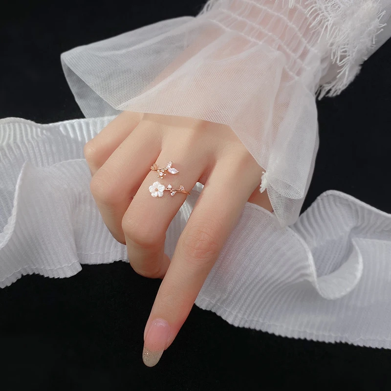 Modian New 925 Sterling Silver Radiant Zircon Leaves White Shell Flower Free Size Ring for Women Plant Ring Original Jewelry 2