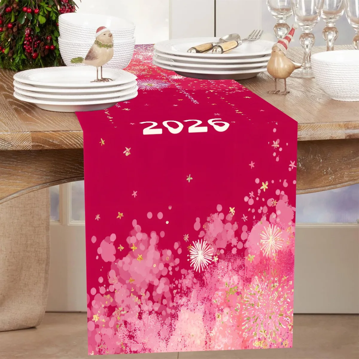 1 قطعة السنة الجديدة 2026 مفرش طاولة من الكتان للألعاب النارية باللون الذهبي الوردي ، تصميم مسطح ثنائي الأبعاد ، جاهز للعام الجديد ، مثالي لطاولة الطعام/المطبخ #4